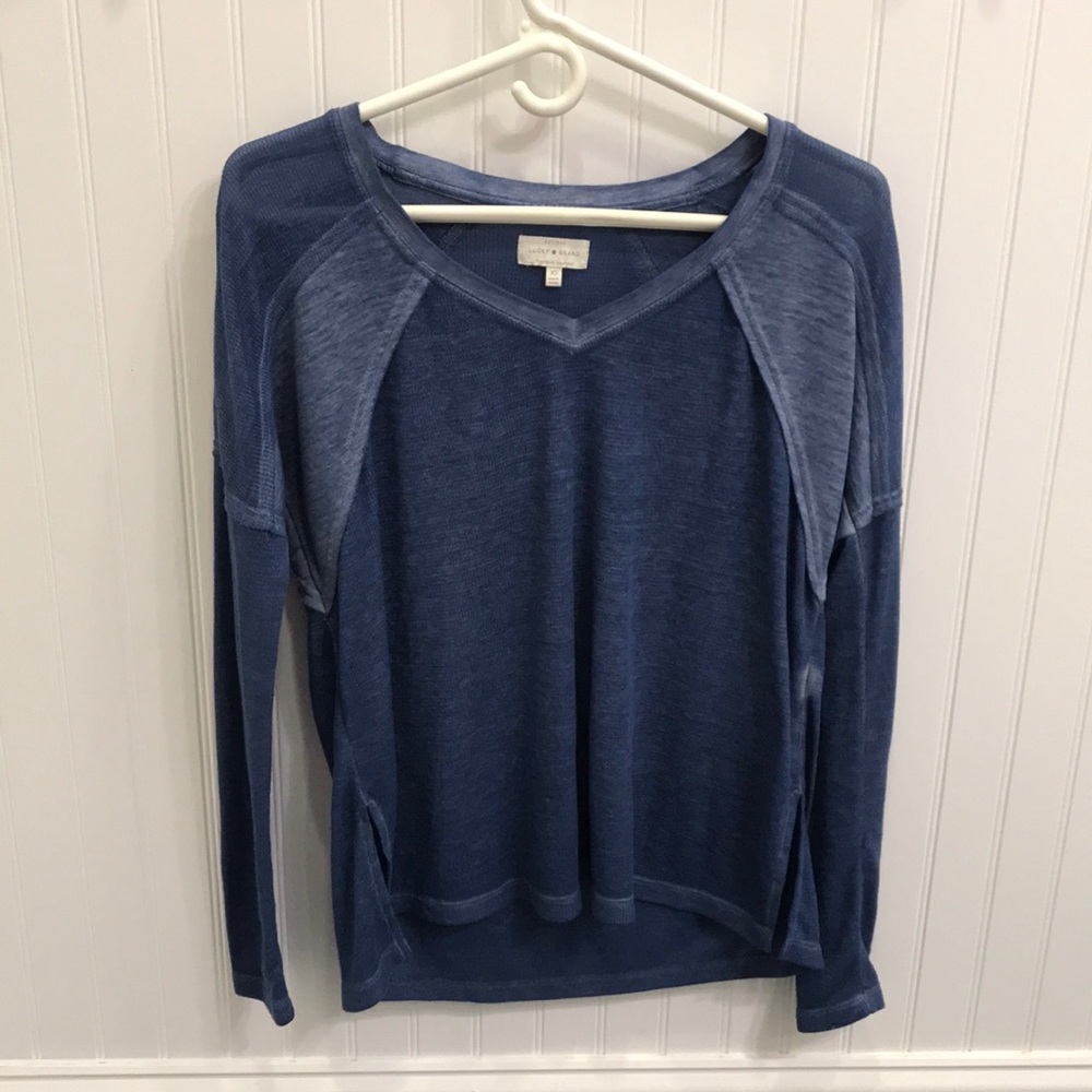 LUCKY BRAND Blue Long Sleeve V-Neck Waffle Shirt